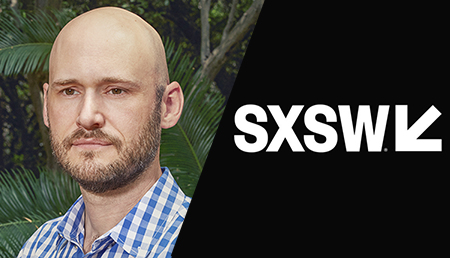 Graphic split diagonally into two parts. The first panel is a headshot of Revelator partner Chris Ohlson. The second is a black background with the white SXSW logo